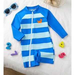 Unbranded Kids Blue White Striped Crab One Piece Long Sleeve Rash Guard Swimsuit